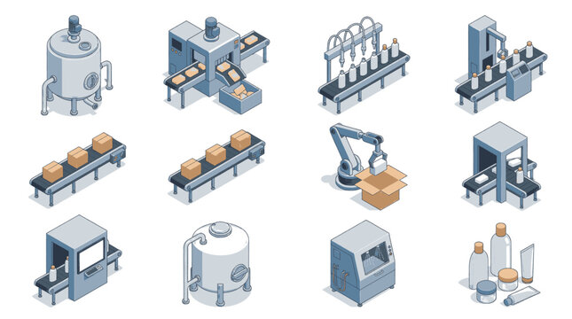 Isometric factory production line equipment and machinery for manufacturing and packaging processes.