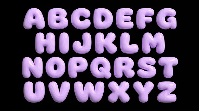 Glossy 3D lilac plastic font set with bold bubble typescript in retro Y2K alphabet style featuring groovy light purple letters and three-dimensional round typeface isolated on black background