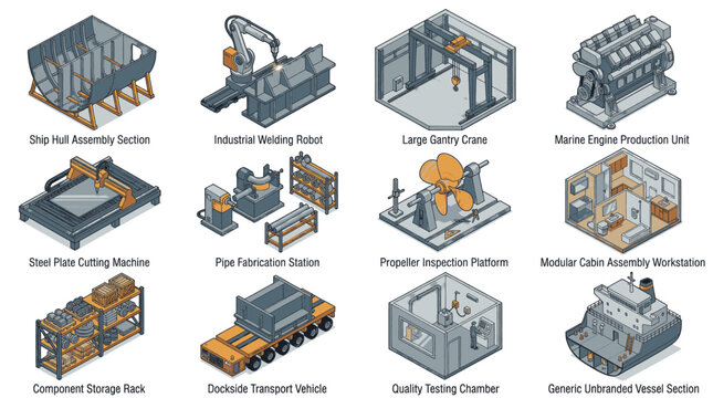Isometric illustrations of industrial shipbuilding and manufacturing processes, including assembly, fabrication, and quality control.