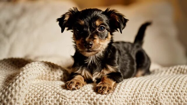 Cute puppy resting on soft knitted blanket panting happily looking at the camera indoors