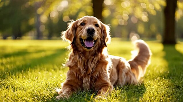 Happy golden retriever dog panting in green grass enjoying the warm sun in a park with bokeh background