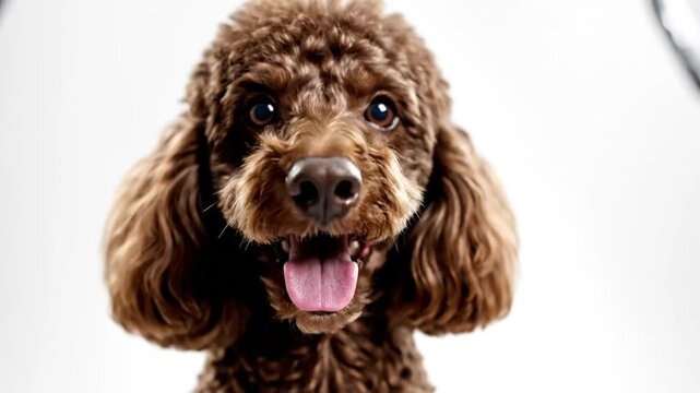 Happy brown poodle portrait looking at camera with open mouth, smiling and excited on white background studio