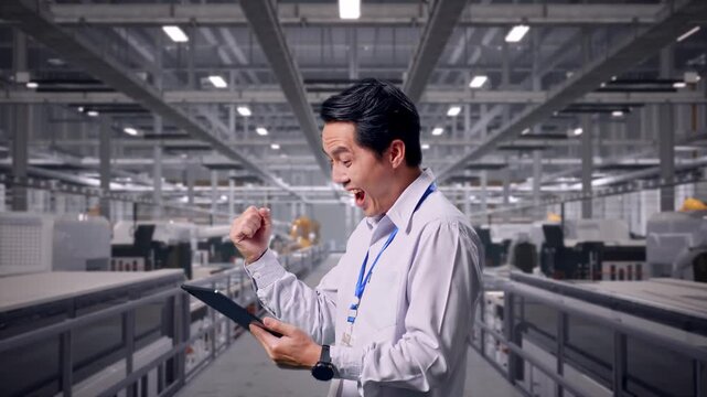 Side View Of Asian Male Worker With Tablet at Solar Panel Factory, He Raises His Fist Screaming Goal After Checking The Tablet
