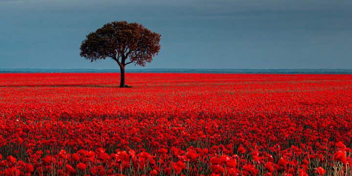 Endless Red Poppy Field with Lone Tree in Center