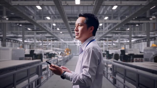 Side View Of Asian Male Worker at Solar Panel Factory, He Looks Up Then Concentrates On The Phone And Keeps Checking