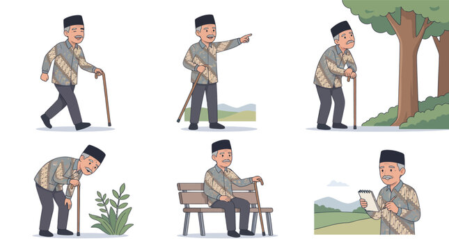 Elderly man in batik shirt and peci hat with walking cane, various poses