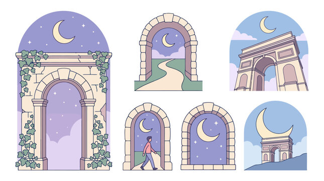 Stylized arches and monuments with crescent moon and starry sky