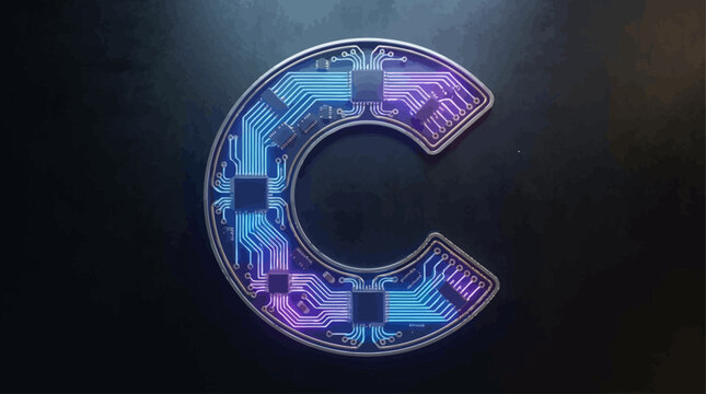Futuristic abstract letter C initial logo design featuring a glowing digital tech circuit board pattern with blue neon lines and electronic microchip connections for innovative hardware brand