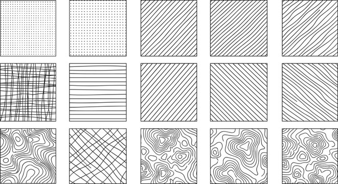 Minimal Abstract Texture Pattern Tile Set With Dots Lines Hatching Grids And Contour Vector Backgrounds