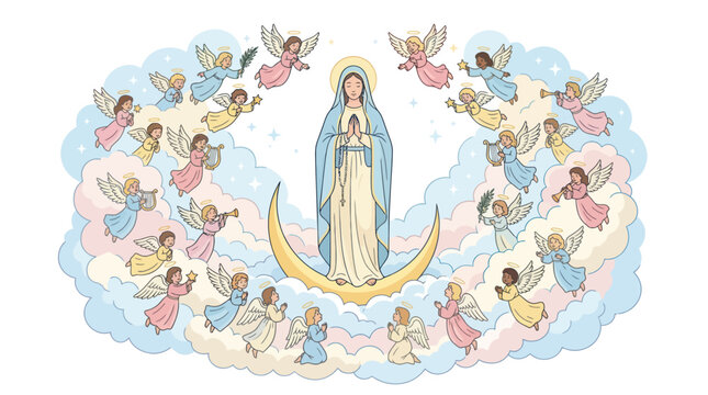 Virgin Mary with angels and crescent moon in pastel clouds