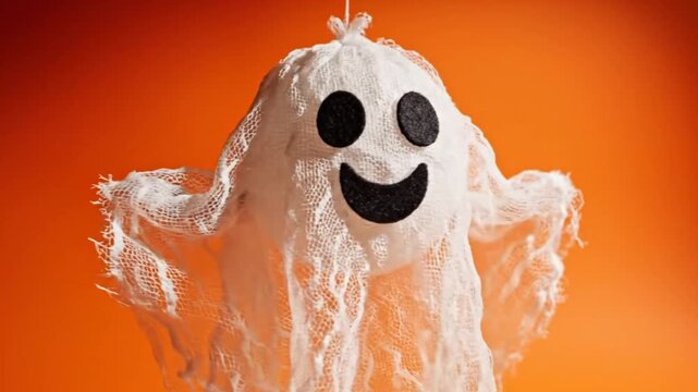 Cheerful Halloween ghost ornament with a smiling face floating against an orange background