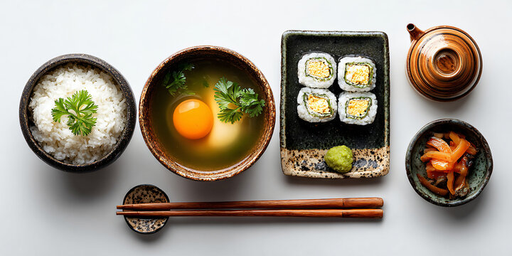 Traditional Japanese Breakfast Set with Sushi Rice and Soup