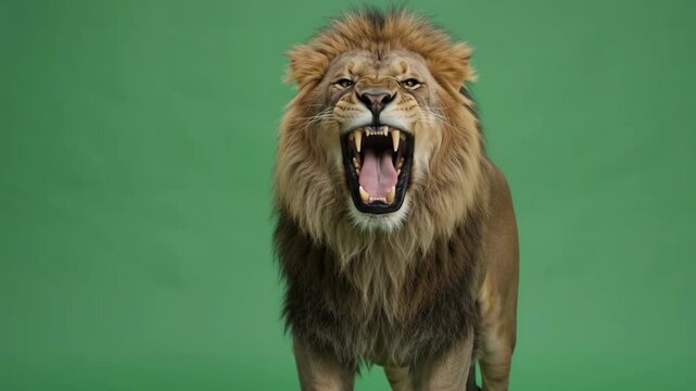 An angry lion with a thick mane roars aggressively and opens its mouth wide against a green screen chromakey background. 