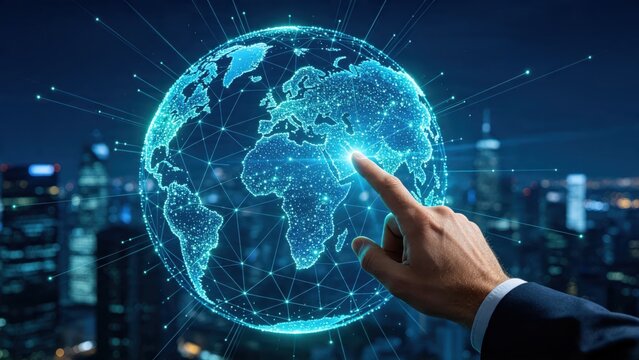 Hand touching digital globe with network connections over city skyline at night, representing global connectivity, international business, worldwide communication