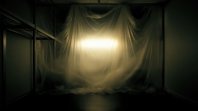 Narrow indoor space with translucent plastic sheet and bright light, dark empty room with moody shadow