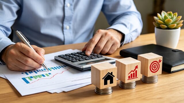Financial planning and investment analysis with charts and calculator, businessman calculating budget, wooden blocks with icons representing growth and targets