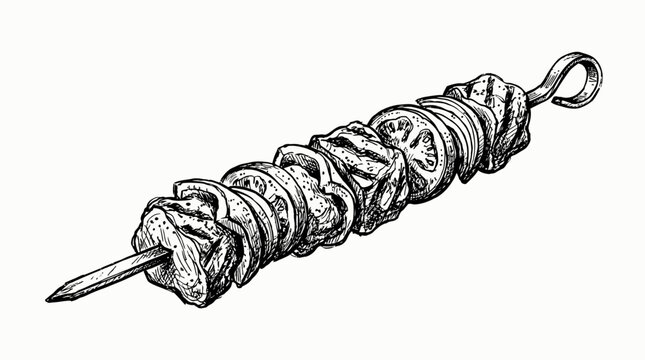 Detailed hand-drawn illustration of savory shish kebab featuring grilled meat cubes and fresh vegetables on a metal skewer, charcoal-seared food sketch isolated on a clean white background.