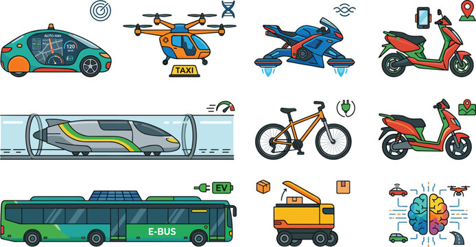 Futuristic Transportation Vector Illustration with Autonomous Cars, Drones, Electric Vehicles, and AI Systems