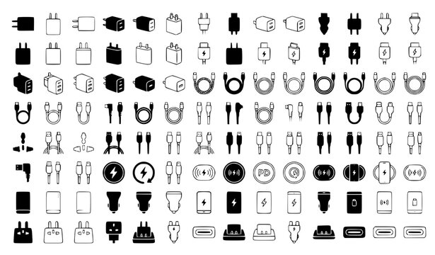 Charging Cable and Phone Adapter Vector Collection with Black Outline Icons