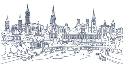Fototapeta premium Cityscape Silhouette: Historic European Skyline with River and Bridge