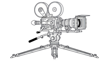 Naklejka premium Vintage Film Camera on Tripod - Retro Movie Making Equipment Illustration