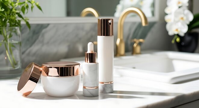 Luxurious skincare products on a marble bathroom countertop with gold fixtures