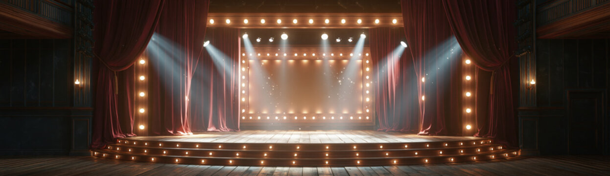 Vintage cinema stage with crimson velvet curtain and bright light beams, empty theater scene in dark interior