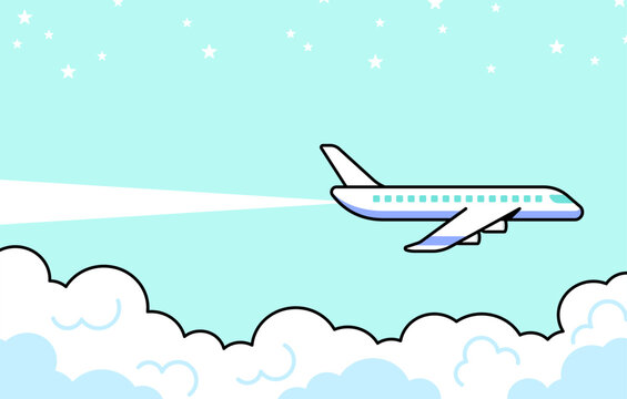 Airplane flying above clouds in clear blue sky illustration