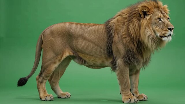A majestic African lion stands full-length in profile against a green screen chromakey background. The powerful wild predator with a thick mane calmly looks around and slightly wags its tail