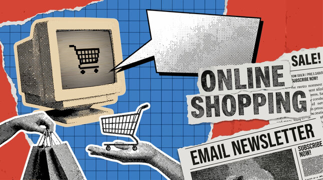 Vibrant modern collage featuring retro halftone nineties computer with speech bubble on torn checkered sheet background, creative online shopping banner concept for newsletter with copy space.