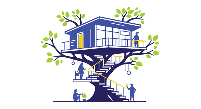 Imaginative illustration of a modern blue multi-story treehouse with people engaging in various outdoor activities.