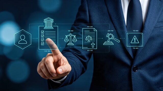 Lawyer interacting with holographic legal interface, justice law court system, contract agreement document review, compliance regulation check, judicial process flowchart