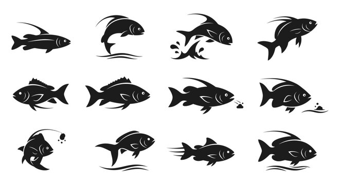 Black Fish Silhouettes Swimming Together.