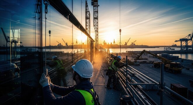 Construction Workers Installing Glass Facade At Sunset With Harbor Cranes Visible