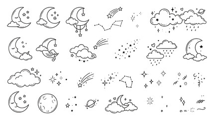 Cute doodle moon clouds stars and constellations line art vector set isolated on transparent background © Shitol Roy