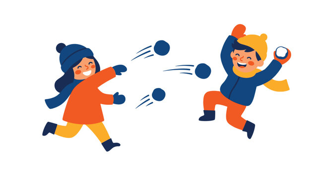 Two happy children playing snowballs in winter kids having fun in snowy weather playful friends throwing snowballs at each other in cold season