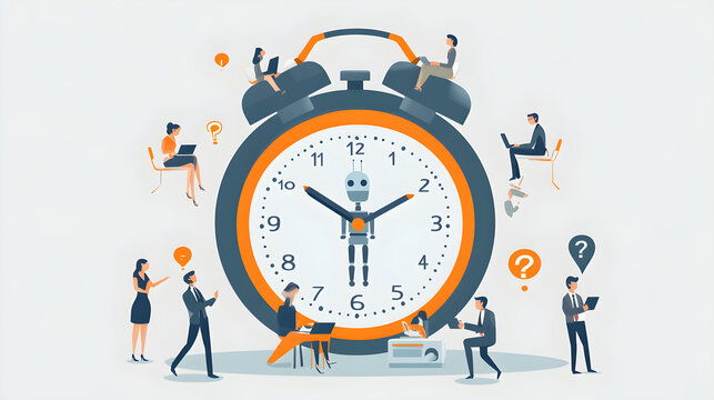Flat Illustration of AI Time Savings Clock with Workers Using and Wasting Saved Productivity Hours