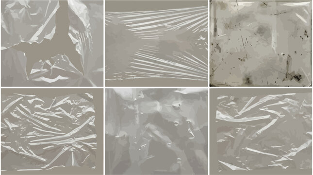 Professional vector set of transparent polyethylene textures with torn edge effects, stretched cling film overlays, crumpled warp plastic backgrounds, and realistic grunge scuff defect templates.