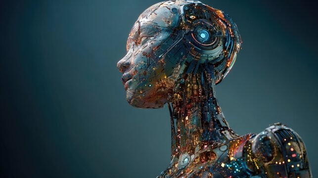 Detailed cyborg head with glowing blue eye futuristic robot portrait with intricate mechanical details and metallic texture concept for AI and technology