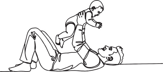 Obraz premium Father lying on floor lifting up his happy baby outline illustration with parenting illustration monochrome fatherhood affection together connection caregiving happiness lifestyle
