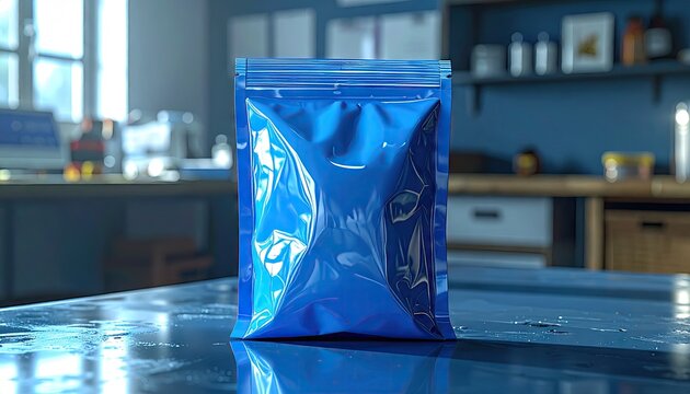 Shiny, royal blue, sealed pouch stands upright on a reflective, blue surface. The backdrop showcases a blurry kitchen interior with blue walls, wooden accents, and a sense of cleanliness.
