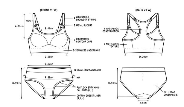 Minimalist Seamless Women's Underwear Technical Blueprint Bra Top and Mid Rise Panty CAD Mockup Vector