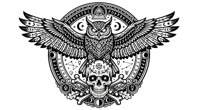 Owl with skull and eye symbol.