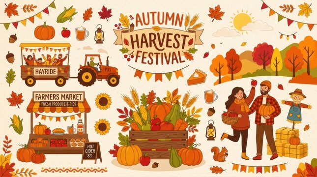 Autumn harvest festival scene with hayride farmers market and seasonal decorations