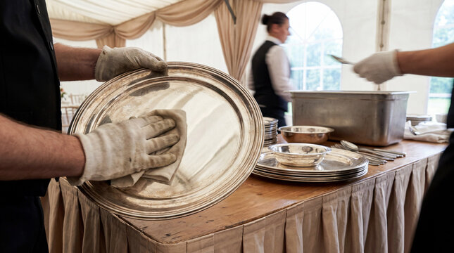 Polishing silverware for event