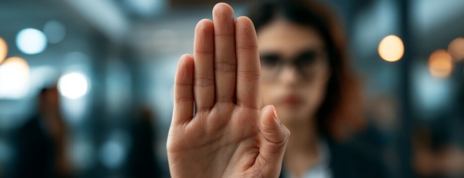 Businesswoman in suit showing stop gesture with hand in office setting  