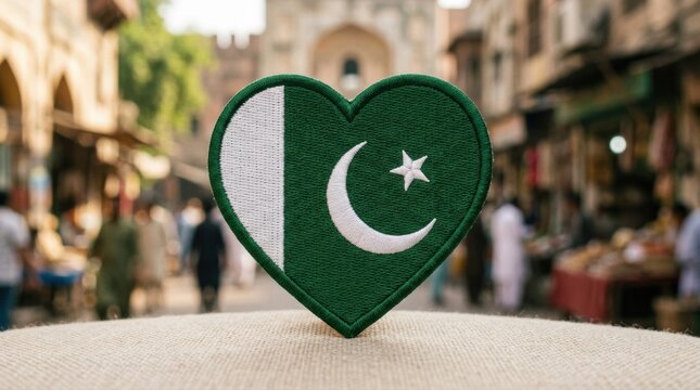 Pakistani flag heart patch on a beige fabric with a blurred market background