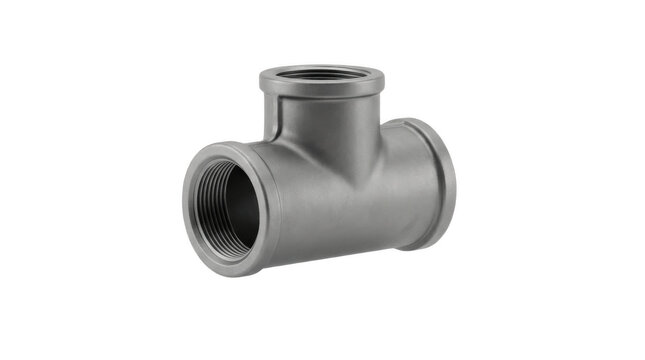 A Set of stainless steel T pipe fittings with smooth connections, isolated on white background realistic industrial plumbing junction PNG illustration

