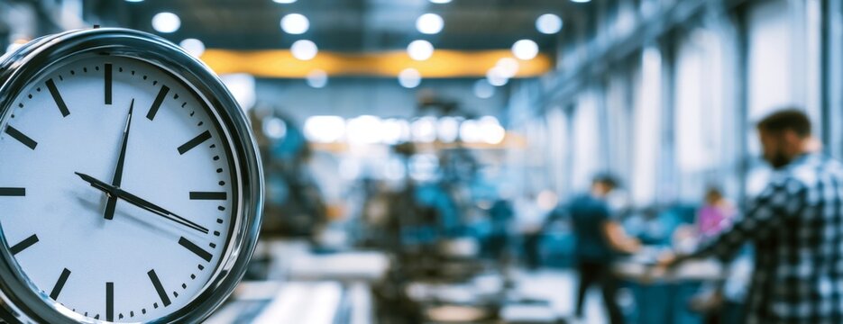 Industrial clock in factory with workers engaged in production  
