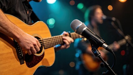 Obraz premium Musician playing acoustic guitar on stage with microphone stand, live concert performance background with colorful bokeh lights